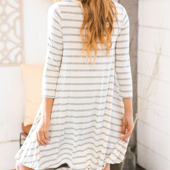 Heather Grey Ivory Stripe 3/4 Sleeve Dress with pockets - Picture 11 of 11